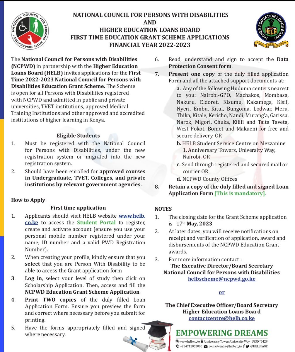 Ncpwds's tweet photo. @Ncpwds in partnership with @HELBpage invites applications for an Education Grant Scheme for all #PWDs registered with @Ncpwds and admitted in accredited institutions of higher learning in Kenya.
https://t.co/AX89EqZJYr
https://t.co/g3aTg6eZXo
#disabilityinclusion https://t.co/LWlKulWzwD