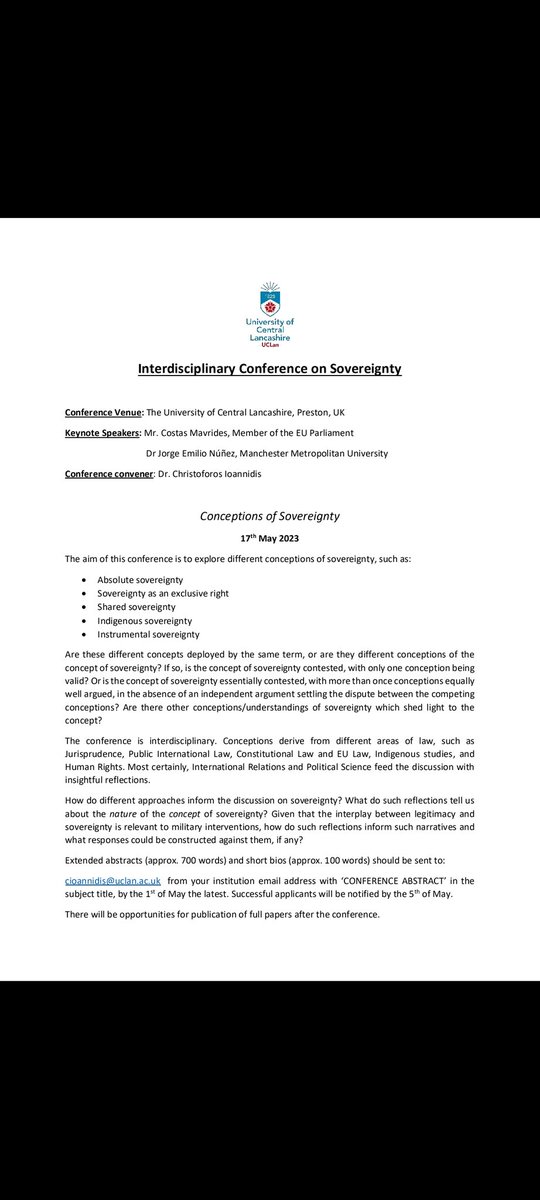DrIanTurner's tweet photo. 🚨Call for abstracts 🚨 My wonderful @uclan colleague, Dr Christoforos Ioannidis, is organising a conference @UCLanJustice entitled 'Conceptions of Sovereignty'. Deadline for abstracts is 1 May 2023. @UCLanResearch @legalscholars @SLSA_UK @LegalScholBlog Please RT. Details below. https://t.co/fAaTFrji74