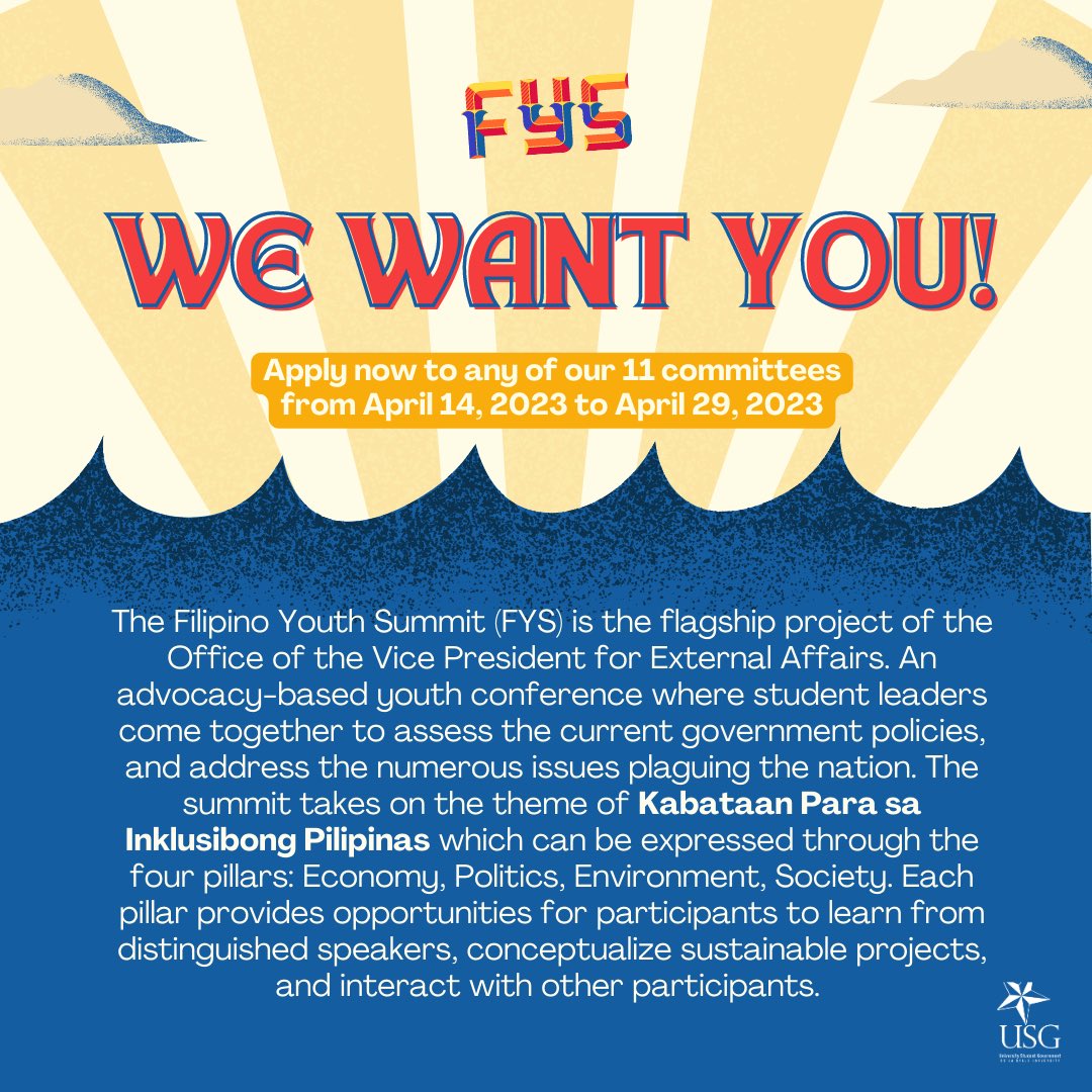 FYSDLSU's tweet photo. The Filipino Youth Summit 2023 is NOW accepting applications for the Central Committee! 📣

Access Primer here: https://t.co/p90GHSgSmB
Apply Now! https://t.co/z6xujW1rmz

Applications are open from April 14, 2023 to April 29, 2023. 

Disclaimer: Only DLSU students are eligible https://t.co/jVTYqYdB7e