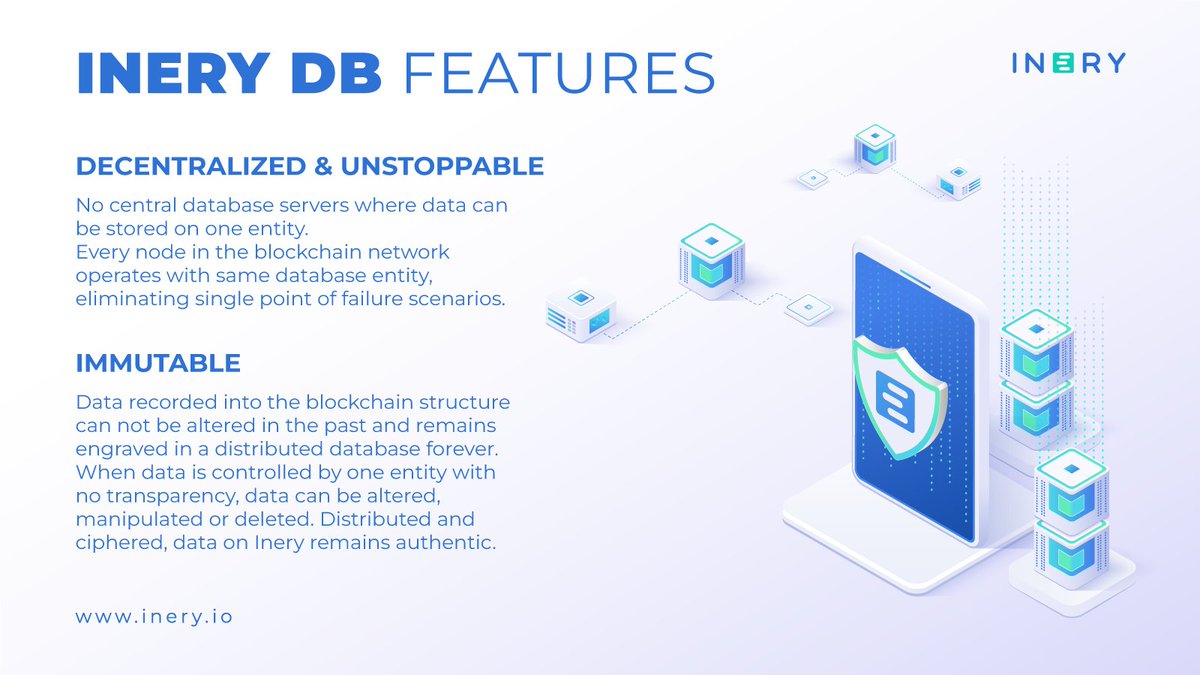 IneryDLT's tweet photo. 👉 Inery DB features:

🔹Decentralized &amp; Unstoppable,
🔹Immutable,
🔹Distributed,
🔹Fast,
🔹Revenue Generation,
🔹Web3 pillar,
🔹Secure,
🔹Affordable,
🔹Transaparent,
🔹Efficient &amp;
🔹Increased Adoption.

Learn more! ⤵️ https://t.co/jUzBlPbc5w