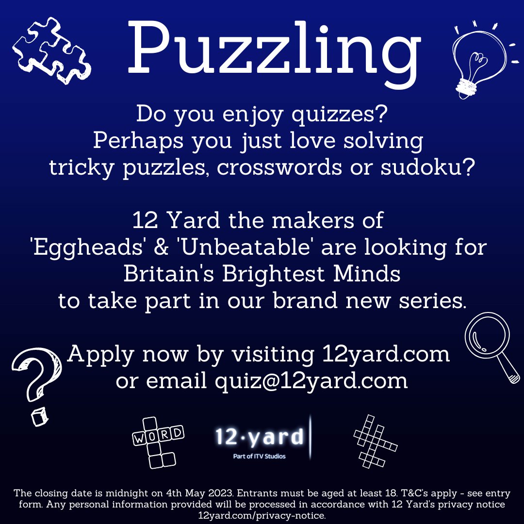 Anyone want to prove how puzzling clever they are?

ITV are looking for contestants for a new show called 'Puzzling'.

Closing date for applications: Thursday 4th May 2023.

Application form:
eu.castitreach.com/a/itv12yard/pu… 

#itvpuzzling #brainteaser #beontv #puzzlelover