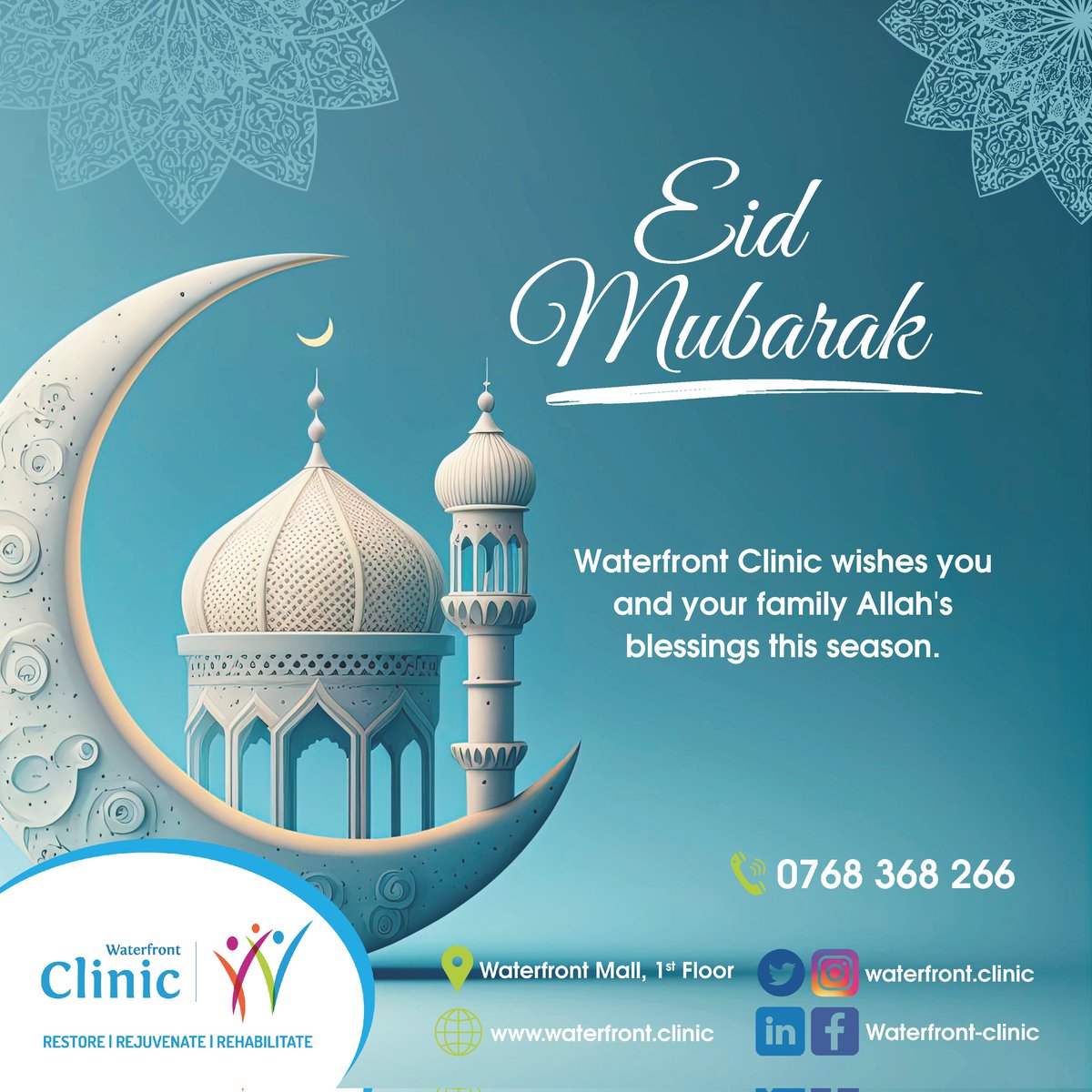Waterfront Clinic wishes you and your family happiness, prosperity and peace this season. 
We're closed today for the holiday.
#Eidmubarak #WaterfrontCares 
#Restore #Rejuvenate #Rehabilitate