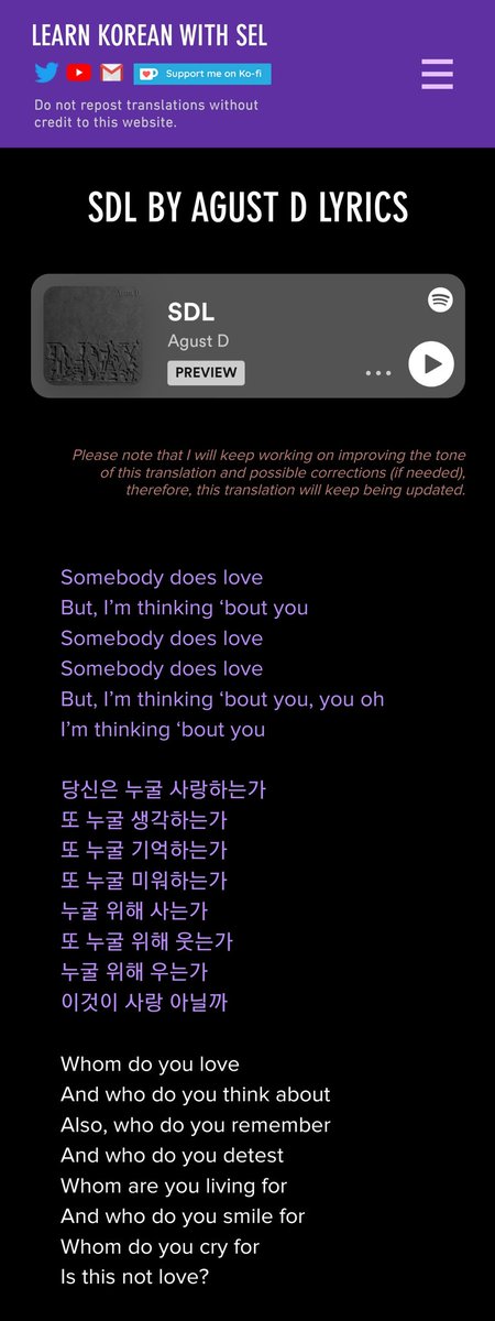 BTStranslation_'s tweet photo. SDL  — AGUST D
BTS LYRICS TRANSLATION 

FULL TRANSLATION: https://t.co/UgCswAGtpA

#AgustD_DDAY #SDL #SomebodyDoesLove #SUGA https://t.co/WD8BZmuD70