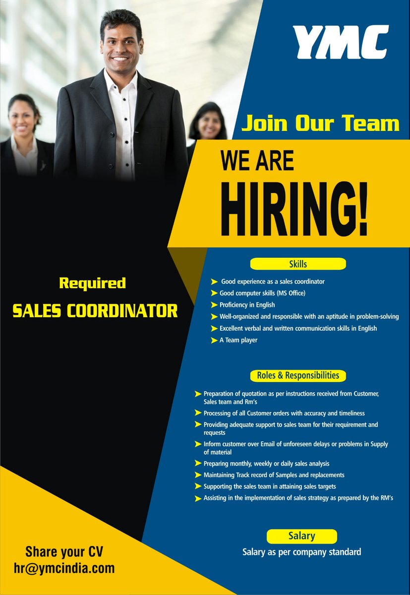 We are Hiring ' Sales Coordinator ' !! #jobalert #hiring #YMCIndia #salescoordinator #jobforyou