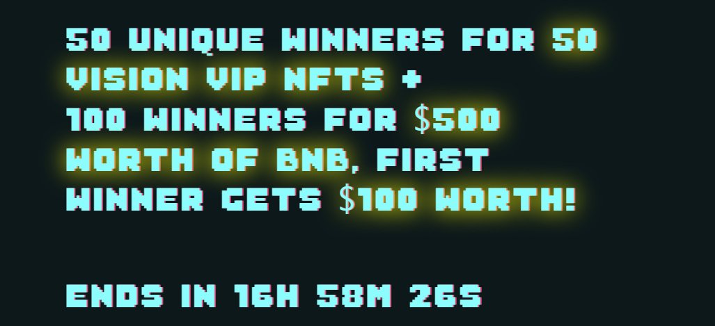visionarcade_'s tweet image. Less than 24 hrs before the competition ends for #VisionVIP and #BNB 🤑Participate now on visionarcade.io 🎮The only #freetoplay #Play2Earn platform that rewards you #Giveaway #AirdropCrypto