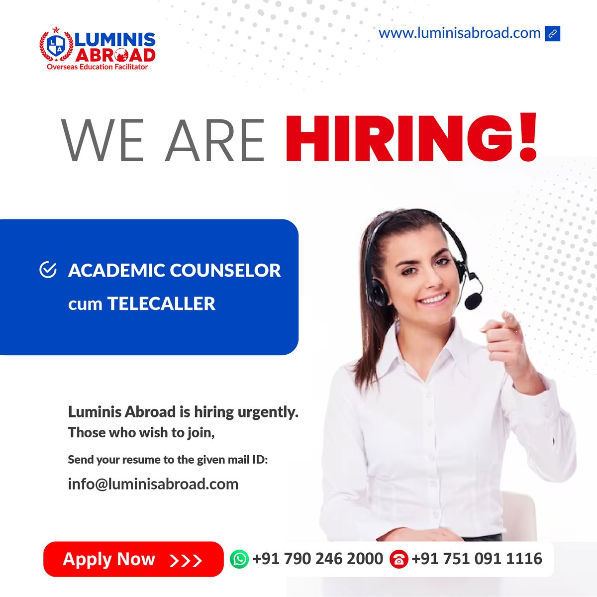 We are hiring urgently.
Those who wish to join,

Send your resume to wa.me/7902462000

#keralavacancy #jobvacancykerala #jobseekerskerala #freshersjob #luminisabroad #kochi