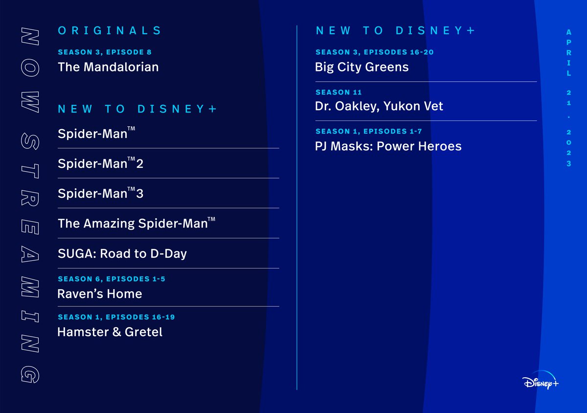 Swinging by with this week’s #NowOnDisneyPlus. 👋🕸

Stream #SpiderMan, the season finale of #TheMandalorian, #SUGA: Road To D-Day, and so much more on #DisneyPlus!