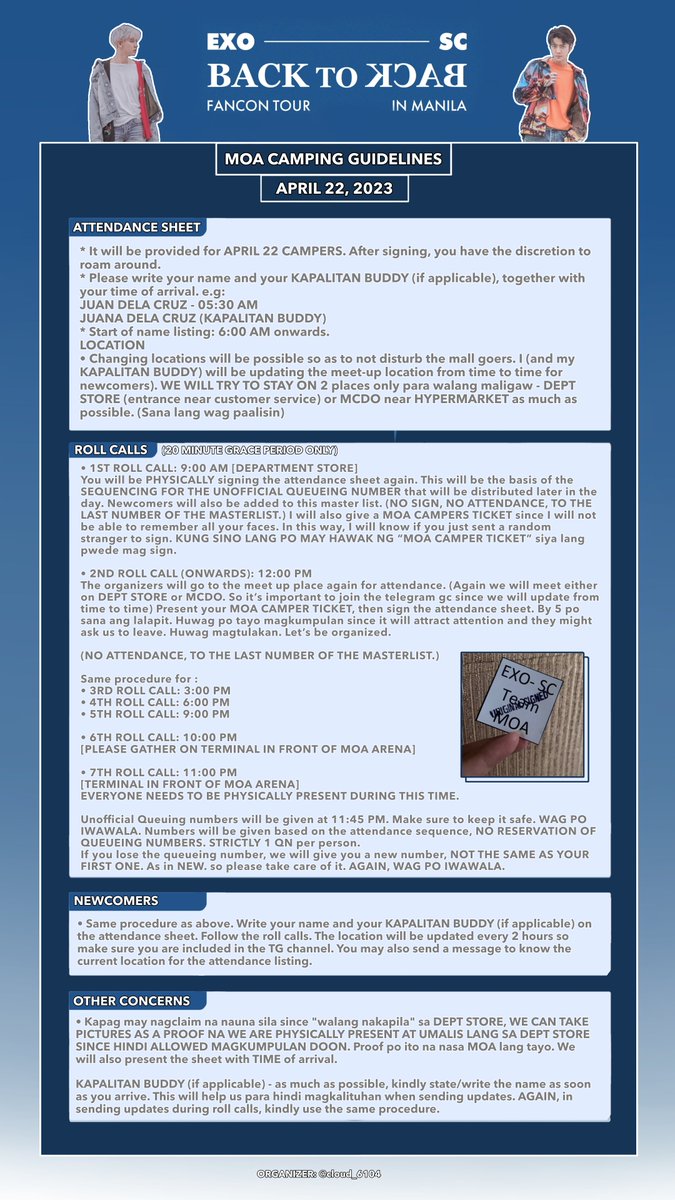 cloud_6104's tweet photo. #EXOSCinMNL MOA DEPT STORE CAMPING GUIDELINES

These guidelines are fruit of group effort of campers. All suggestions were taken into consideration. If you have questions, you can send me a dm or join the MOA CAMPERS TG : https://t.co/CjVXU6JEtO

May we all get our desired seats! https://t.co/jwkqF339Vv