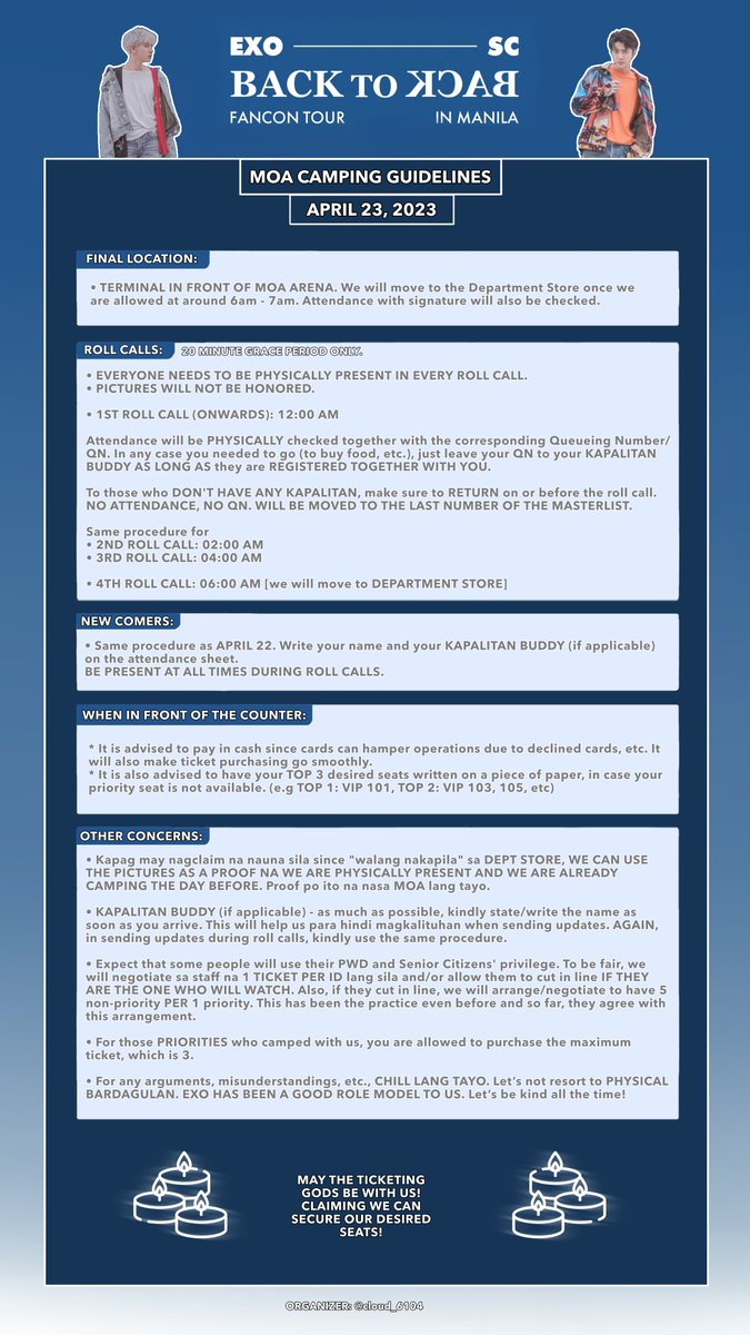 cloud_6104's tweet photo. #EXOSCinMNL MOA DEPT STORE CAMPING GUIDELINES

These guidelines are fruit of group effort of campers. All suggestions were taken into consideration. If you have questions, you can send me a dm or join the MOA CAMPERS TG : https://t.co/CjVXU6JEtO

May we all get our desired seats! https://t.co/jwkqF339Vv