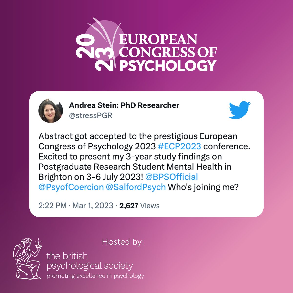 BPSOfficial's tweet photo. Congratulations @stressPGR, on having your abstract accepted for ECP 2023!

We can't wait to hear your findings on "Postgraduate Research Student Mental Health"

Get your early bird tickets now: https://t.co/QB9c8APssN https://t.co/YSUniBTbuG