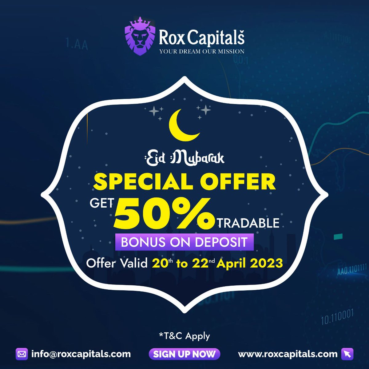 RoxCapitals's tweet photo. EID Mubarak to everyone.
Special Offer is Live Now. Get 50% Tradable Bonus on Deposit.
Offer Valid Till 22nd April'2023
Happy trading!
#roxcapitals #trading #trade #trader #worldtrade #forextrade #forex #forextrader #forexsignals #profits #tradepro #tradeprofit #tradeexpert https://t.co/n1RsYaRyKj