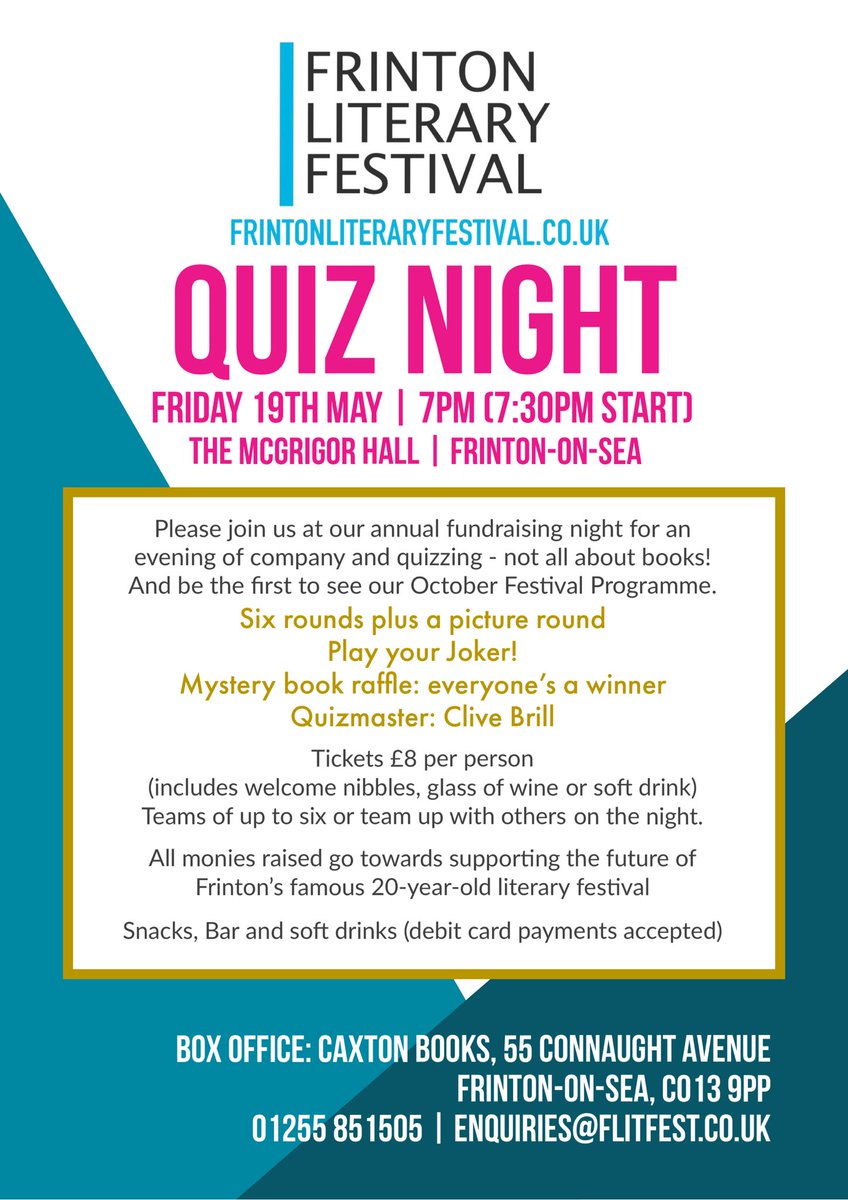 FrintonLitFest's tweet image. We’re back! It’s the quiz of the year, live
from #Frinton. Friday 19th May at McGrigor Hall. Tickets from @caxtonbooks