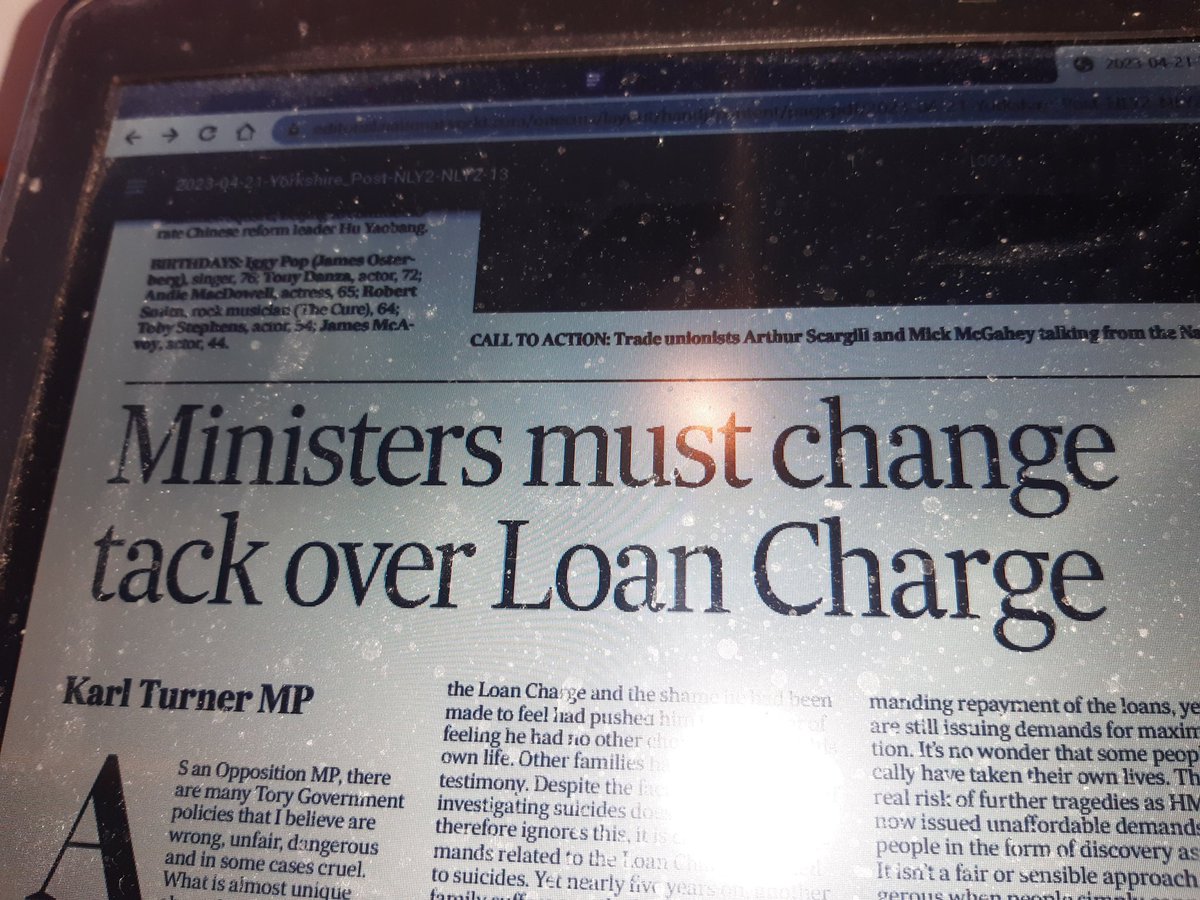 Powerful op-ed in today's <a href="/yorkshirepost/">The Yorkshire Post</a> from <a href="/KarlTurnerMP/">Karl Turner MP</a> about #LoanChargeSuicides #loancharge. Please do #buyapaper or subscribe today. <a href="/loanchargeAPPG/">Loan Charge & Taxpayer Fairness APPG</a>