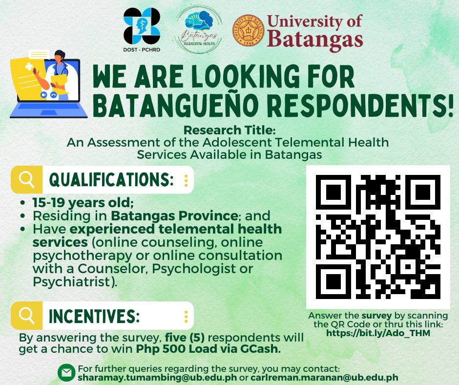 ‼️ CALL FOR RESPONDENTS ‼️

#UBOPS #PsychPower #OPStoppable #OPStrivingForExcellence #MentalHealth #MentalHealthAwareness #TelementalHealth #OnlineCounseling #OnlineConsultation #OnlinePsychotherapy #CallForRespondents #Batangas #BatangasProvince #Adolescents #Youth #Teenagers