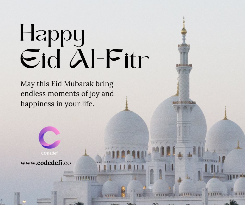 code_defi's tweet photo. On behalf of the entire CODEdefi team, we would like to wish our Muslim community a blessed and joyful Eid'l Fitr! 

May this day bring you happiness, peace, and prosperity. 

Eid Mubarak! https://t.co/Bg17Y2fXpV