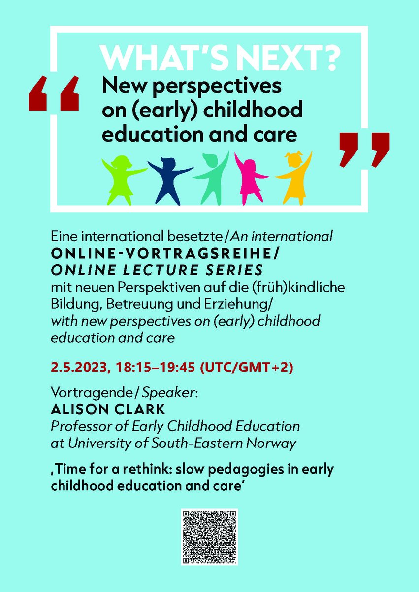 Am 2.5 startet mit einem Vortrag von Alison Clark eine neue Online-Vortragsreihe zur (früh)kindlichen #Bildung #Betreuung und #Erziehung! 
Mehr Infos & Anmeldung unter: s.gwdg.de/RFr3Mk

#Kindheit #Pädagogik #Erziehungswissenschaft
#twKita #kindheitspädagogik