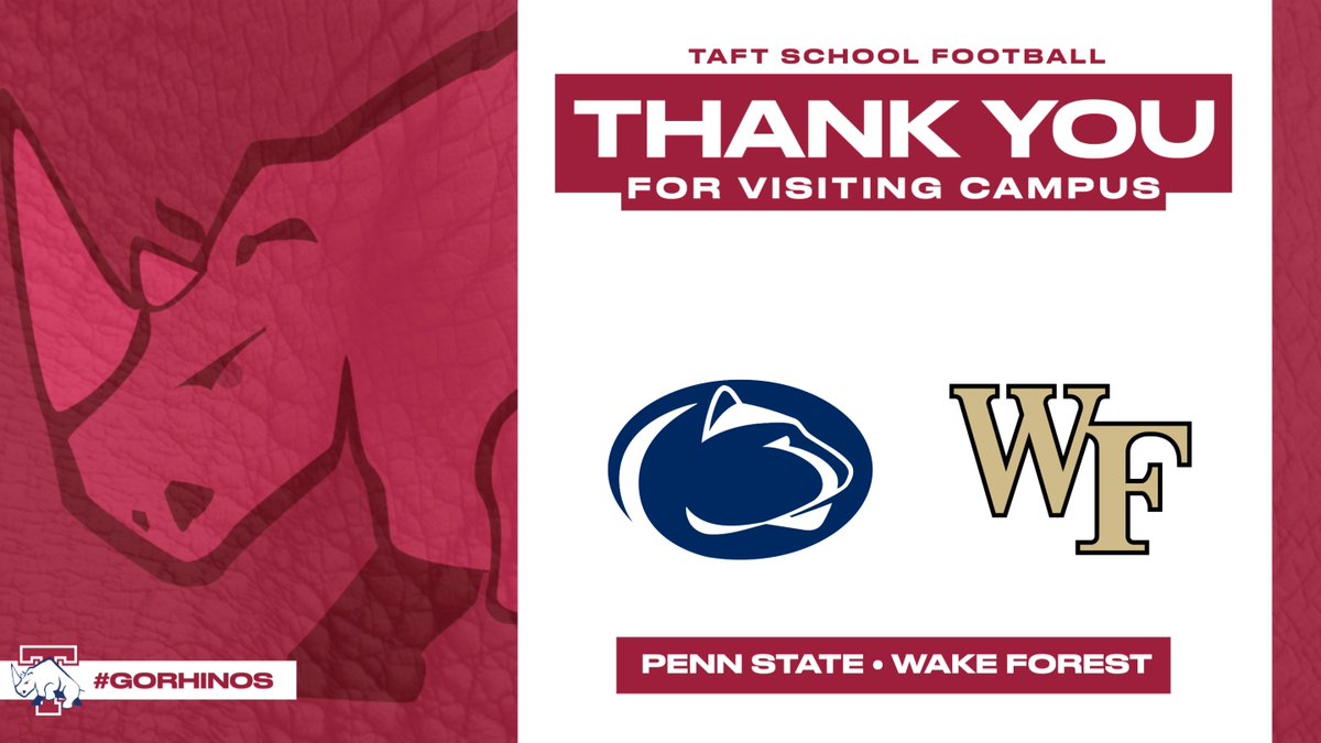 Great start to the Evaluation Period!  Thank you:

@CoachTHowle & @PennStateFball 
#WeAre #PSUnrivaled
🏠 of @rulli_dominic 

@CoachTabacca & @WakeFB #GoDeacs 🎩

🦏🆙 #gorhinos #gobigred #wearetaft