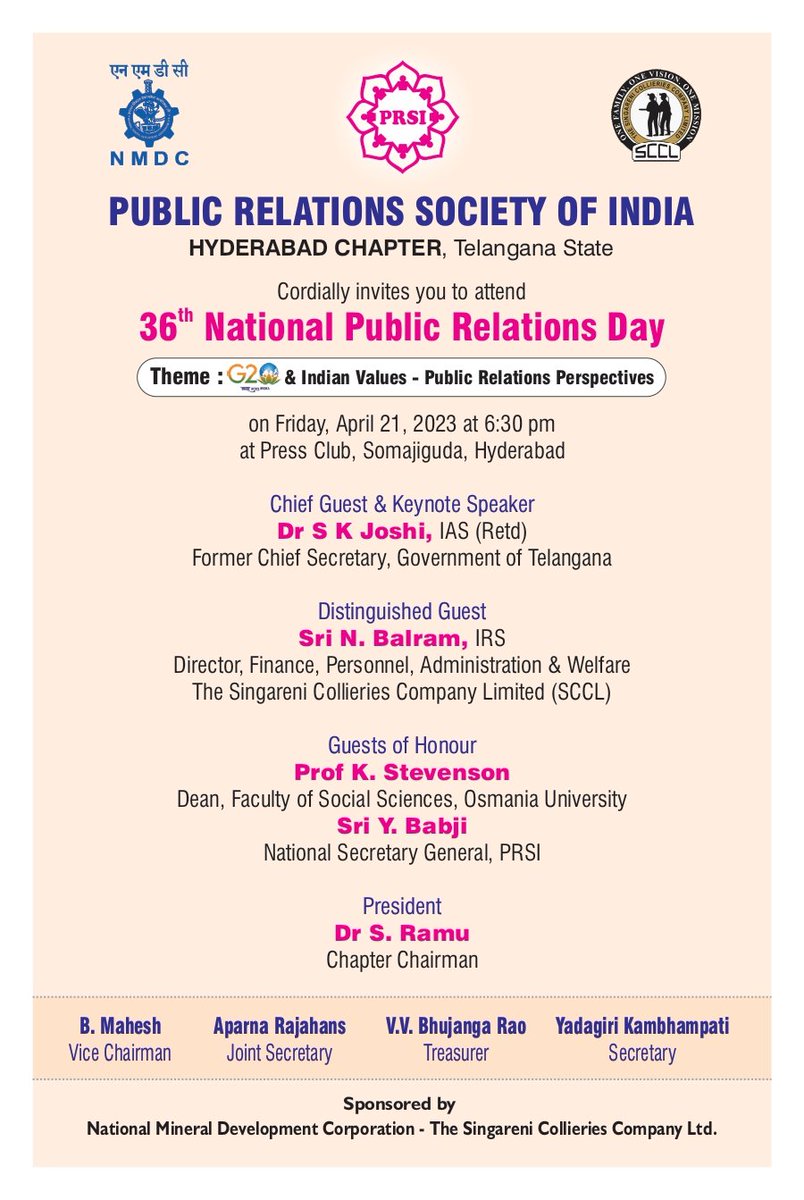 PRSIHyd's tweet photo. National PR Day Greetings to all #PublicRelations Practitioners...

May the coming year bring in lots of understanding,love &amp;peace among people,societies &amp; countries. 

Let negativity, pessimism, vengeance, superiority complex &amp; lies vanish. Good day @hydjourno Chairman @PRSIHyd https://t.co/YI81mYQ5Rj