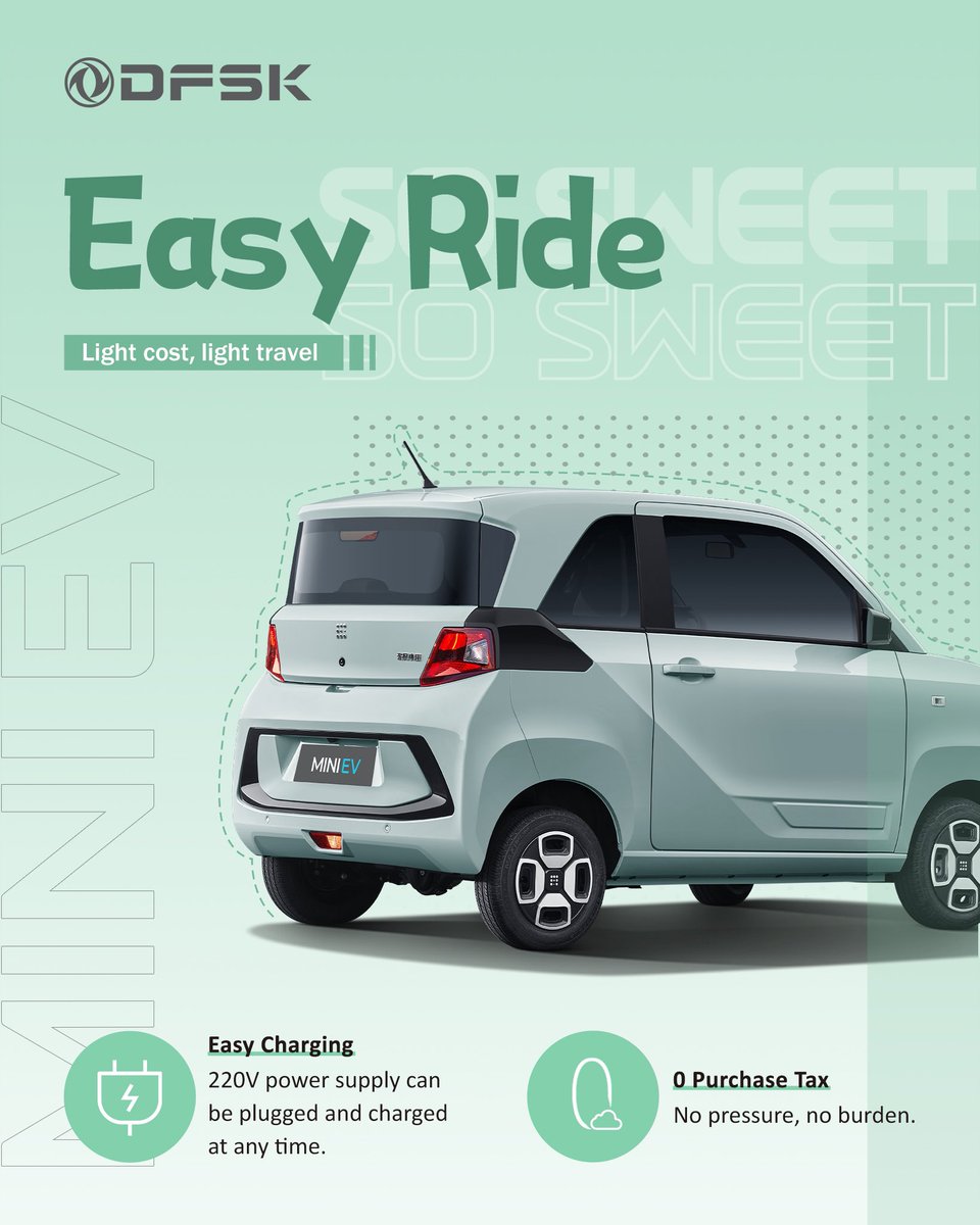 DFSKOFFICIAL's tweet image. FENGON MINI EV - Gives you an easy ride.
💚[ Light cost, light travel! ]
__
Further info:dfsk.com
#MINIEV #EV #DFSK #DONGFENG #FENGON #Electricvehicle #Electricvehicles #Evehicle #Emobility #Vehicle #Motor #Auto