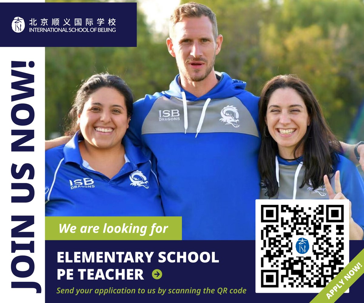 <a href="/ISBeijing/">ISB-Beijing</a> is looking for an ES #PEteacher for the 2023-2024 school year. Scan the QR code and apply today! #LearnISB #ISBeijing #teacherjobs #EducationJobs