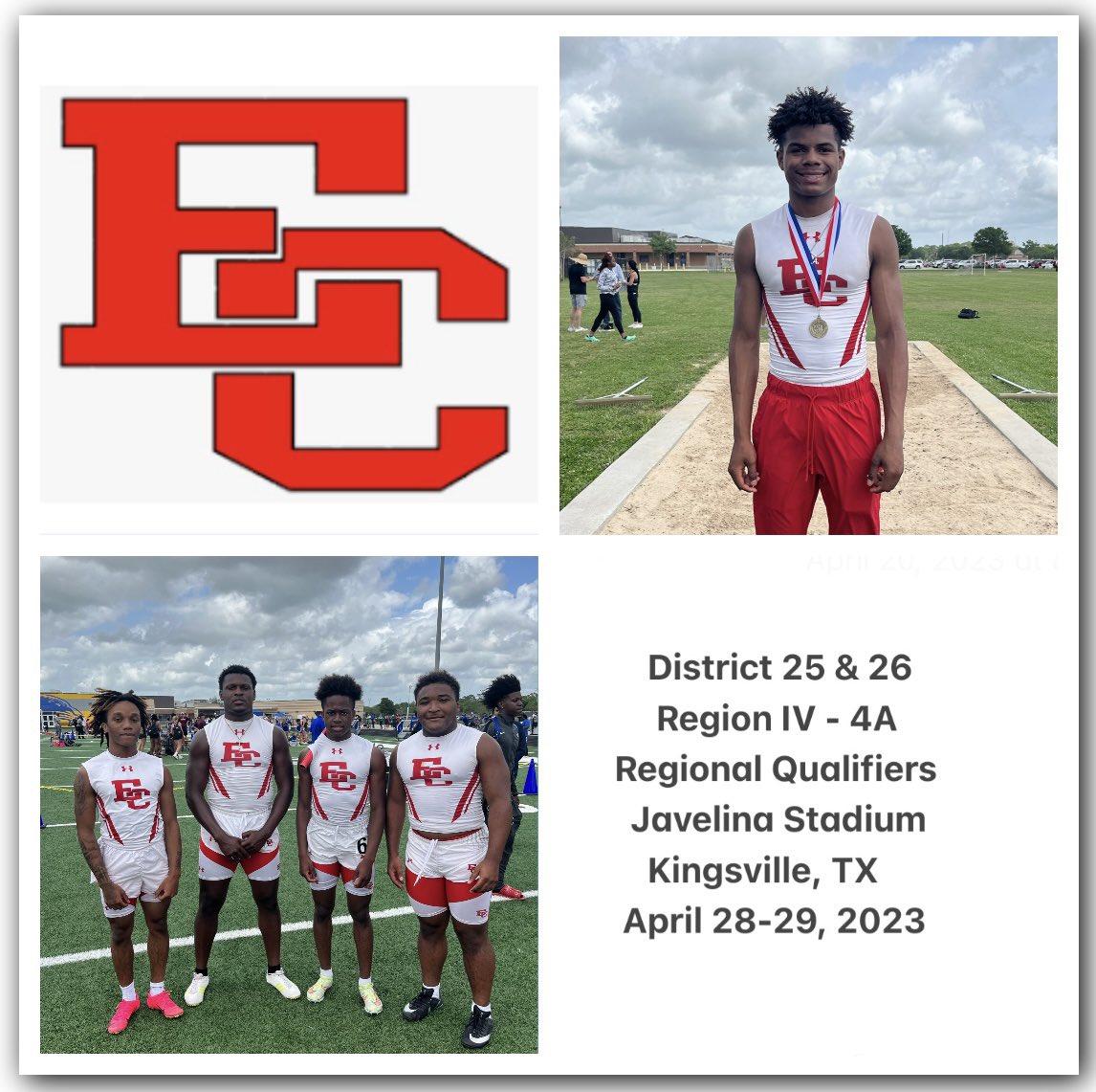 Proud of these young men! Advancing to Region-IV Regional Track Meet @ Javelina Stadium in Kingsville, TX on April 28 &amp; 29.

🥇 Long Jump - Oliver Miles - Area Champ

🥇 Triple Jump - Oliver Miles - Area Champ

🥉4x100 - Lee, Phillips, Norman, Thornton Macek(A1), C.Miles(A2)