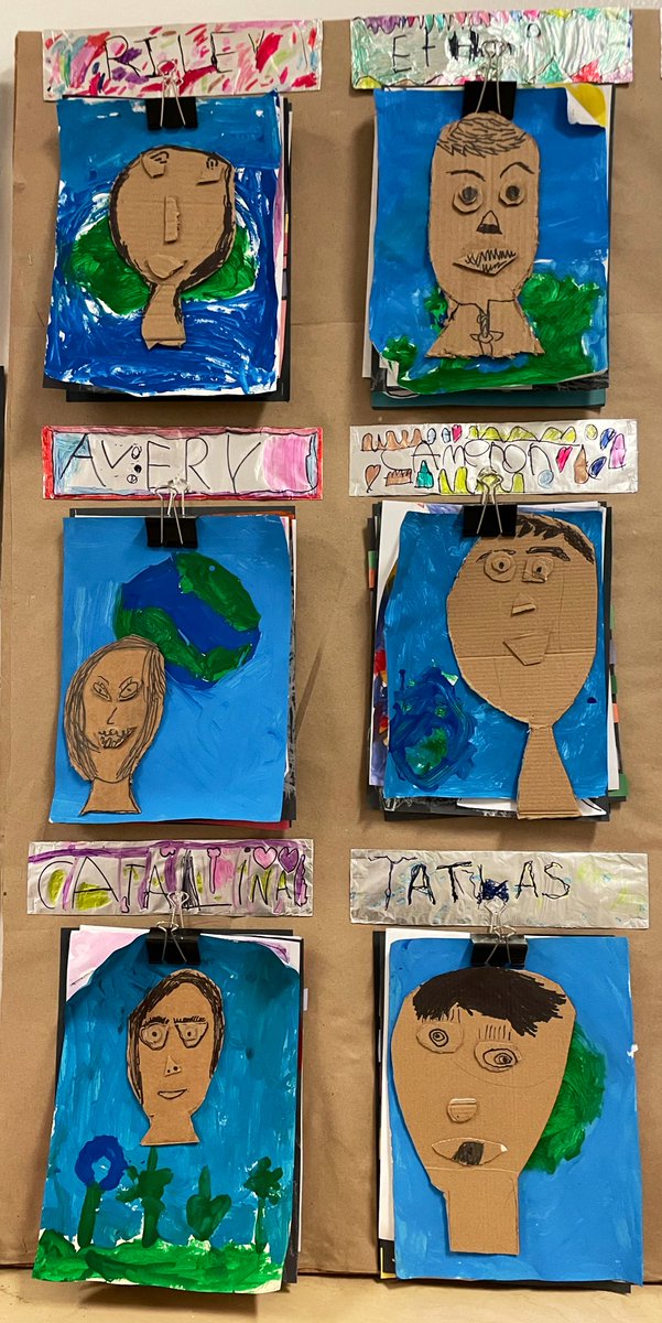 Our class has been celebrating #EarthDay2023 all week. We started by reading @toddparr’s “The Earth Book” & making the 🌎 with #looseparts. We then painted the background of our #selfportraits with blue & green & chose to #reuse cardboard to make our faces. @AllenbyPS_TDSB #tdsb