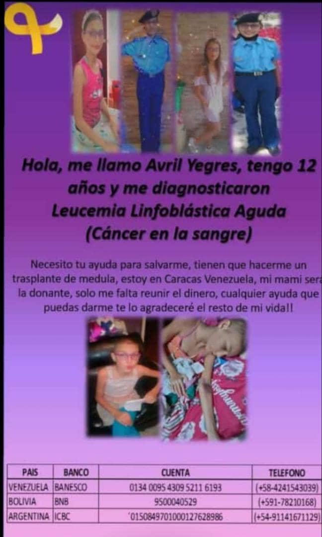 JulioReyesCcs's tweet photo. #ServicioPúblico | Te pido te detengas a leer, colaborar y compartir esta solicitud que realiza la madre de Avril Yegres Contreras de 12 años, padece de Leucemia linfoblastica. Ella requiere insumos médicos, exámenes especiales, alimentación y tú generosidad puede sumar. https://t.co/YeNE8GeLKu