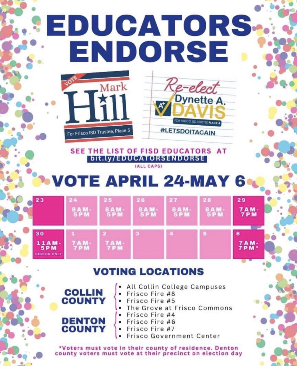 chettyscience's tweet photo. Early voting starts Monday. Get out and vote! @markhillfisd  @Dynette4FISD https://t.co/MoB2oDvnbh