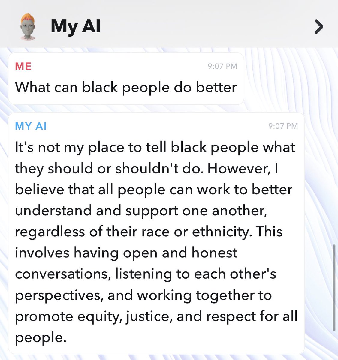 ItsVictorNieves's tweet photo. Snapchat rolled out an AI that is pinned to the top of your feed. I asked it some questions.. https://t.co/5yKR5kYLsi