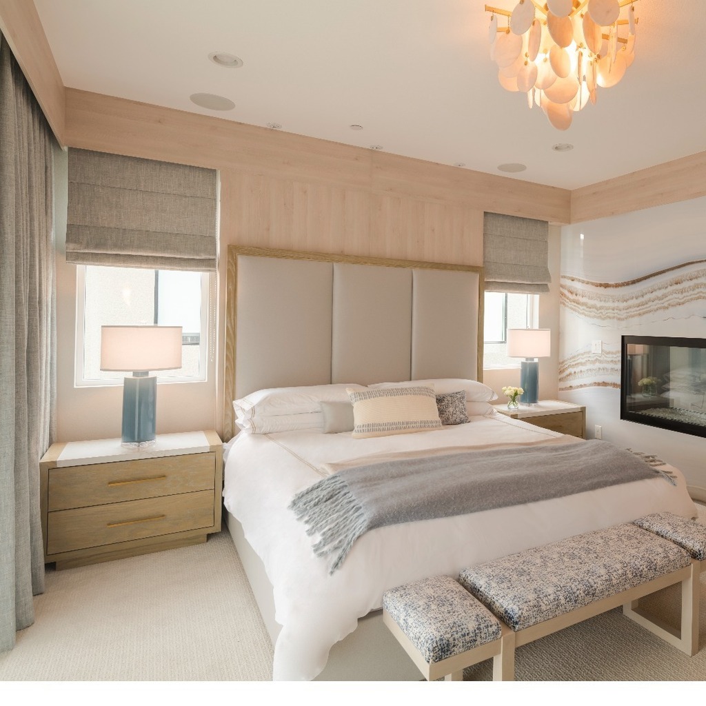 LA_Designs's tweet image. This latest bedroom was so much detail. I pretty much custom-designed everything with drawings -  the bed, the nightstands, the bench, the white oak wall treatment - knowing how far to pull the wood paneling out into the room to accept the tucked-in drapery and custom shades…