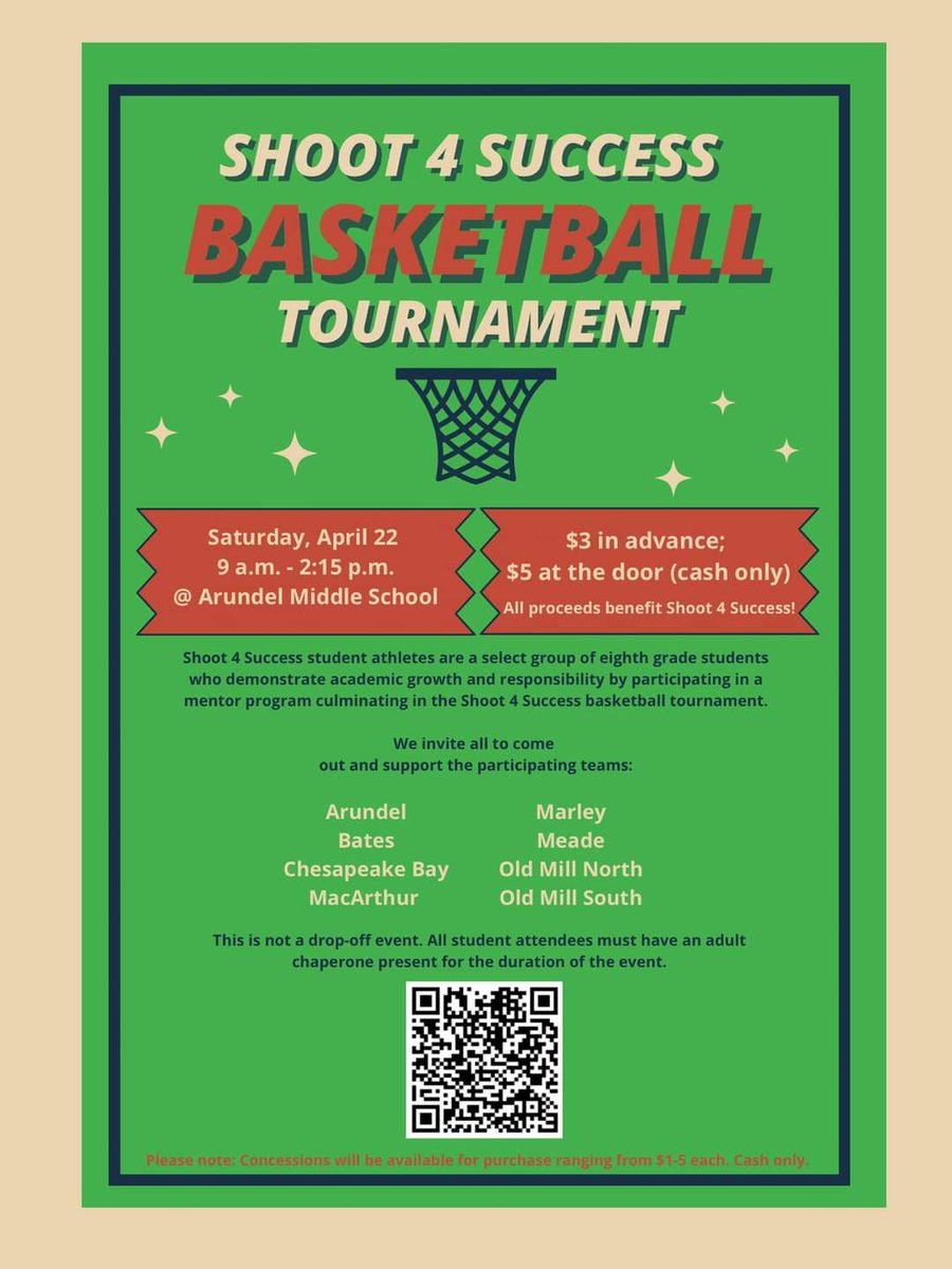 Please come cheer on our amazing Shoot 4 Success players Saturday, April 22 as they take on other AACPS teams! <a href="/ArundelMiddle/">Arundel Middle</a>
Tickets are available for $3 in advance or $5 cash at the door. Cash concessions available 

zeffy.com/en-US/ticketin…