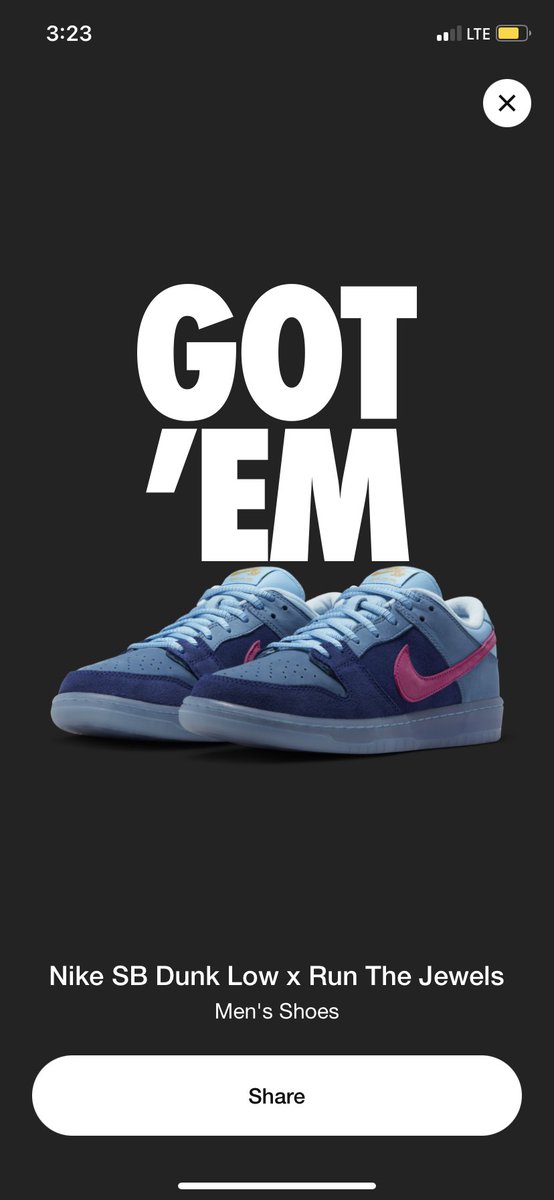JMCON1985's tweet photo. Got glitched out on the Lost &amp; Found Shock Drop but got the Dub on the SB’s Run the Jewels 🏆 https://t.co/RFm1Ll0F3z