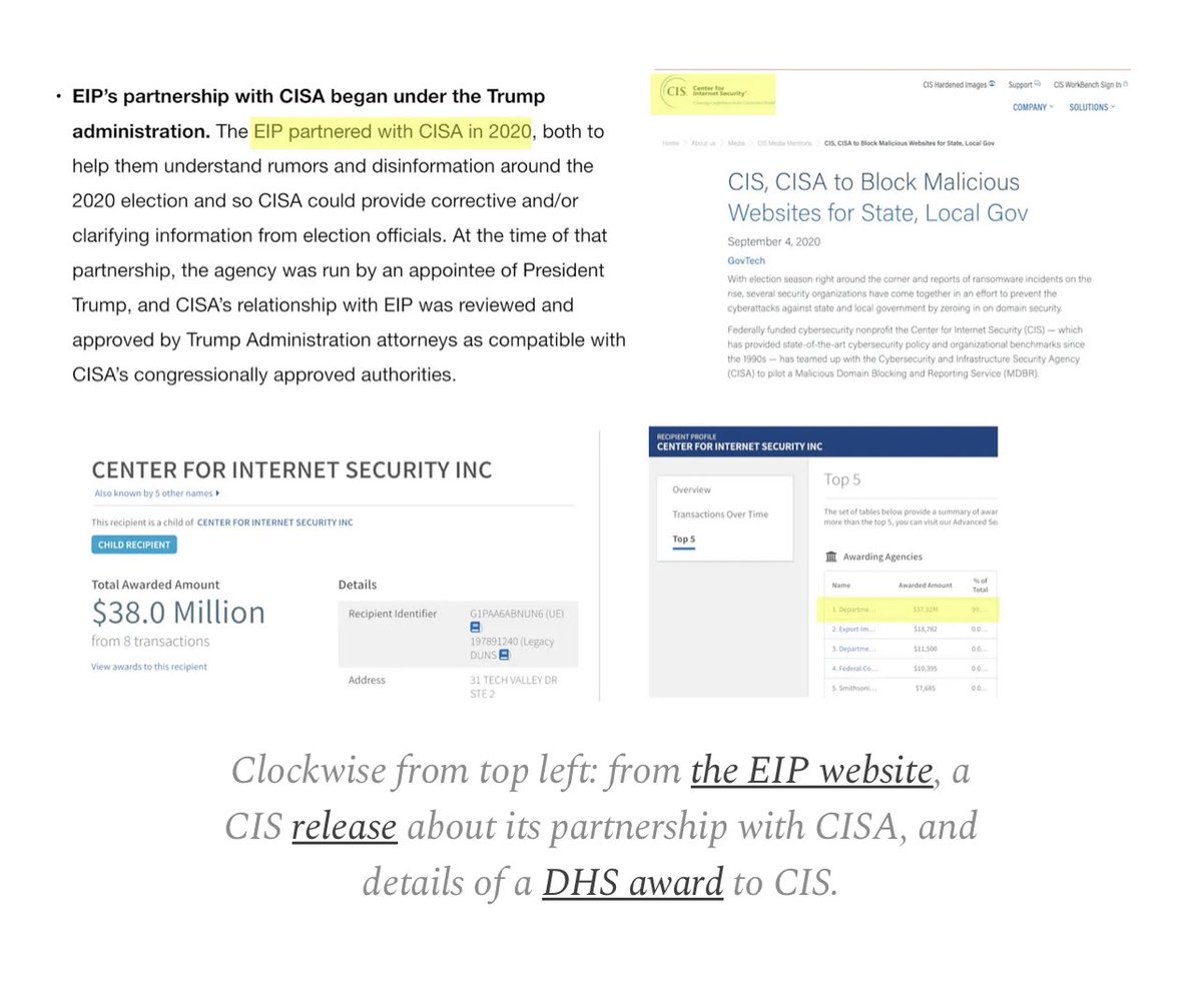 Dear ⁦<a href="/mehdirhasan/">Mehdi Hasan</a>⁩: here’s the EIP website saying it partnered with CISA, the CIS site saying the same thing, and the award showing CIS is a DHS contractor. You’re wrong on this and you convinced a politician to threaten me with jail as a result. This has gone too far.