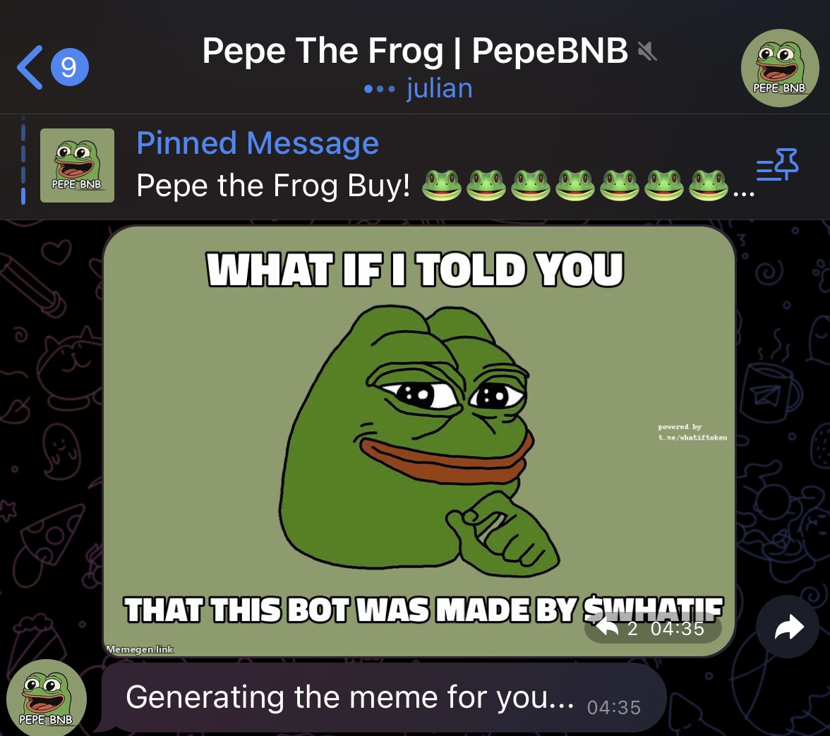 whatiftoken's tweet photo. $WHATIF Meme Bot is now available on the @BNBPepe Telegram chat.

We're getting huge exposure from this. We will be in contact with more devs to promote our Meme Bot and catch more eyes on #whatif.

#meme  #pepe #pepebnb #wojak #aped #chad #matrix #btc #eth #sol #crypto https://t.co/oP1bhg13jI