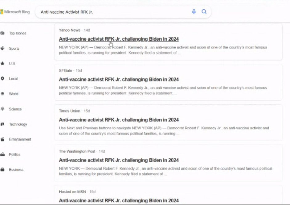 AOEvcBreakthru's tweet photo. The Shameless Criminals at #BigNaziTech #FraudNews #Media are running Fakeintelligence algos to copy &amp; paste THOUSANDS of copies of articles to EVERY one of their copy medias to smear #RobertKennedy in political manipulation &amp; #Elections #Rigging. HUNDREDS of media SAME COPY. https://t.co/nrWBwsG8us