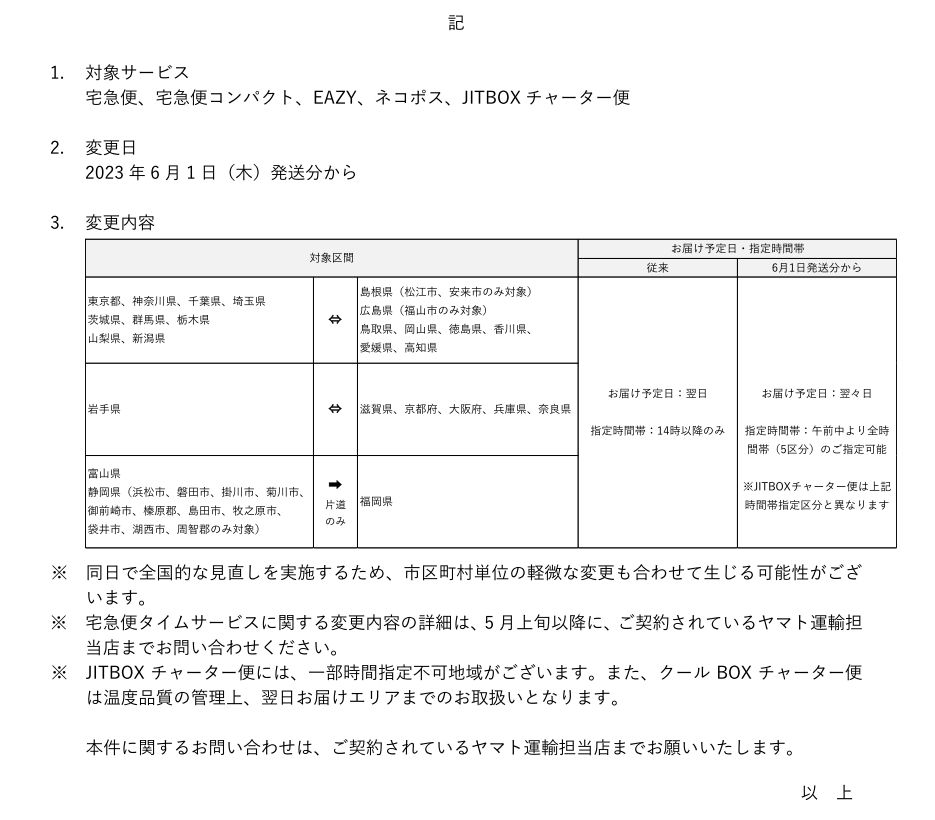otaka_ss_mold's tweet photo. 弊社もフェイスシールド発送で
#ヤマト運輸 様を利用しています

6月1日より、一部地域のお届け予定日が伸びます

弊社の場合、関東から発送なので中国四国地方が対象

物流2024年問題がニュースになってます
これからは無理のない納期が普通となっていきますよね https://t.co/dIc4v4lOBK