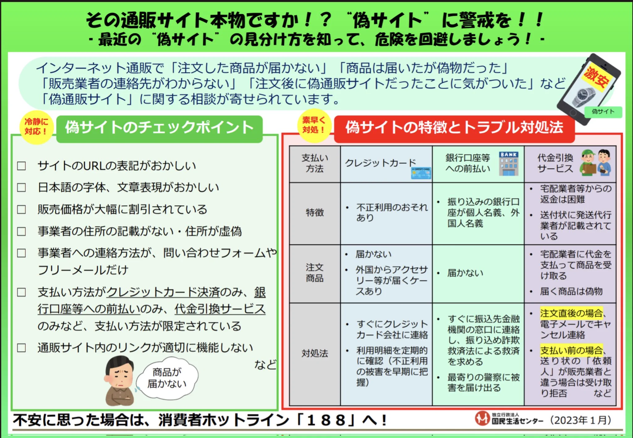 @sikkyun その通販サイト本物ですか！？“偽サイト”に警戒を！！－最近の“偽サイト”の見分け方を知って、危険を回避しましょう！－ - 国民生活センター
