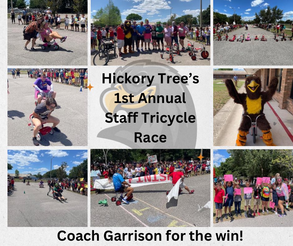 Hickory Tree’s first annual staff tricycle race. The students voted  for their favorite rider for each grade level and their outfit! 
5th grade’s Coach Garrison for the win!!