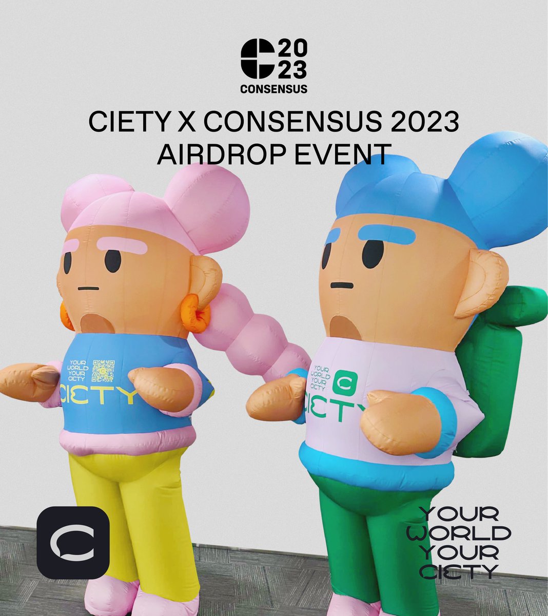 ciety_xyz's tweet photo. Join CIETY's incredible #NFTAIRDROP event during @CONSENSUS2023. Comma and Cody, our adorable mascot buddies, will be hanging out at Consensus venue💚

1. Take a picture with the two friends if you find them
2. Post the picture and tag @CIETY_XYZ on your Twitter
3. Post the tweet link on the "📸Comma&Cody" channel of the CIETY community: https://t.co/gOrH8DFGAn 
4. We will airdrop the CIETY FRIENDS NFT to you right away on the post!