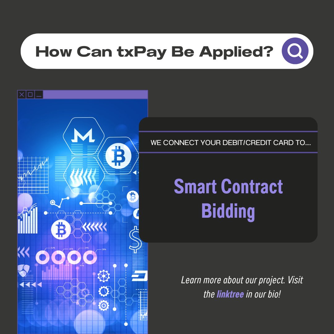 We connect your Debit/Credit card to.... 

Smart Contract Bidding

Learn more about our project. Visit the linktree in our bio!

#NFT #Algofam #txPay #Zilfam #crypto #debit #CreditCard #BSC #ETH #SOL