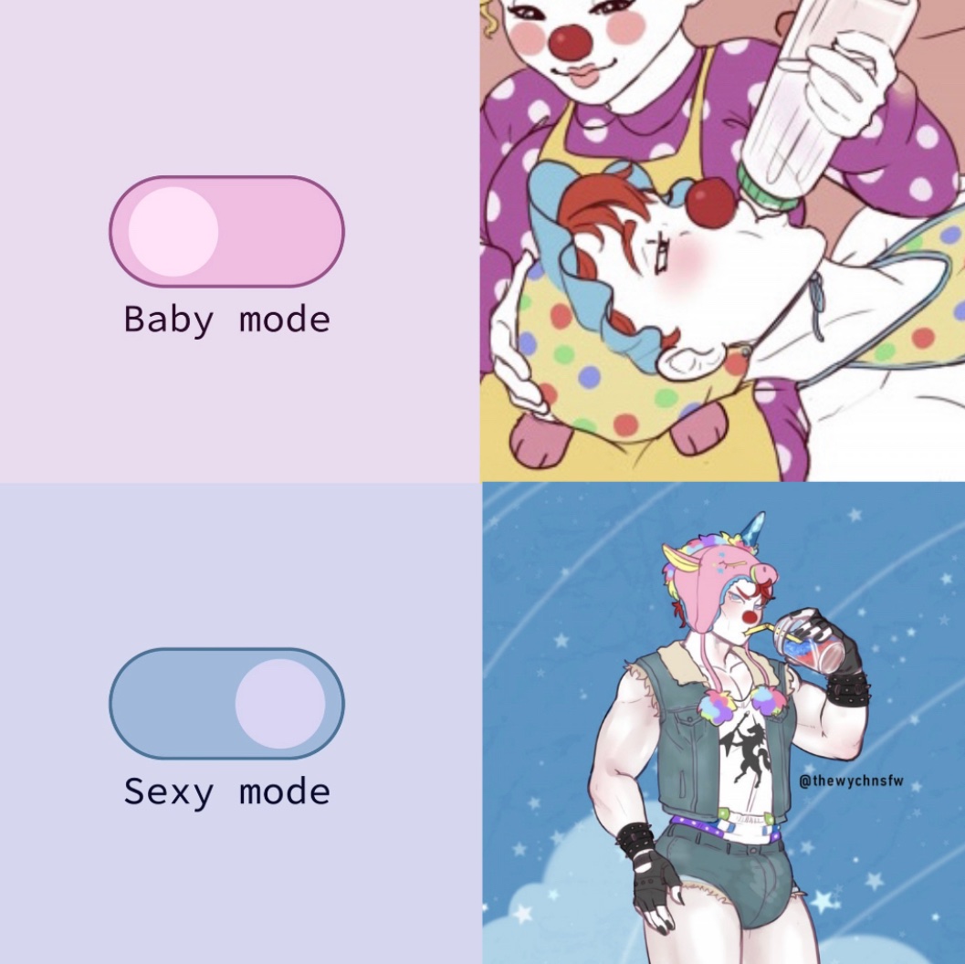 Here’s Junior in Baby Mode and Sexy Mode (although to be fair, he’s still a big baby even when he’s trying to be sexy 😝).

#abdl #abdlart #diaperart #baraart #ClowningAround
