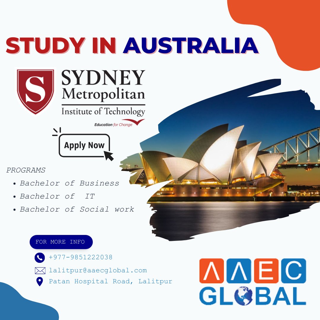 AAECNepal's tweet photo. Find Your Future with Sydney Met.🎓🇦🇺
Unlock your potential and discover the beauty of Australia with world-class education. Start your journey today! 🌍📚✈️
Register now 🔗 https://t.co/LmxPIKm2ap
#StudyinAustralia #StudyAbroad #IELTS #Australia #PrepareWithAAEC #AAECGLOBAL https://t.co/9JRzA1cSsV