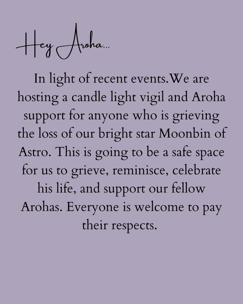 skzxstayroom's tweet photo. For Aroha or anyone looking for comfort...

@calicofanevents and I will be hosting a vigil for Astro's Moonbin on Tuesday the 25th in Whittier

Bring your lightstick to light up the night sky for our star 💜💫

Please see graphic below for more info and dm us for any questions https://t.co/QMEvwBCERW