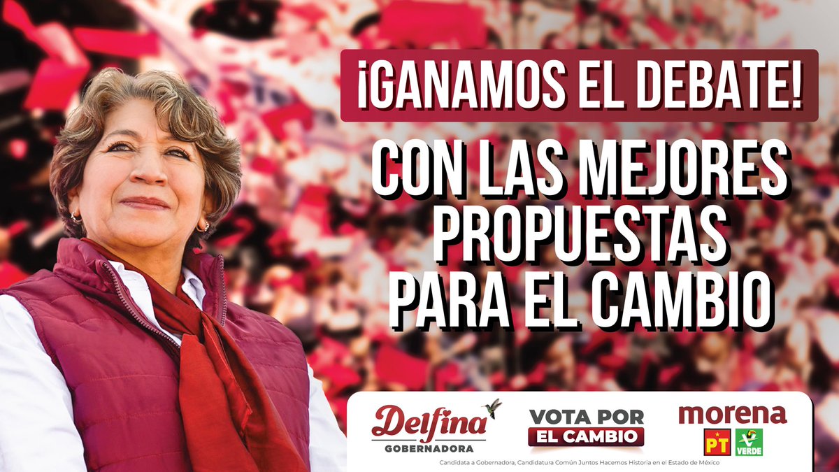 ¡Con propuestas, argumentos firmes y con un profundo amor al Pueblo ganamos el debate! Gracias a todas y todos por caminar a mi lado rumbo a la transformación del #EdoMex. ¡El cambio está hoy más cerca! 

#DelfinaGanaDebate 
#VotaPorElCambio 
#DelfinaGobernadora