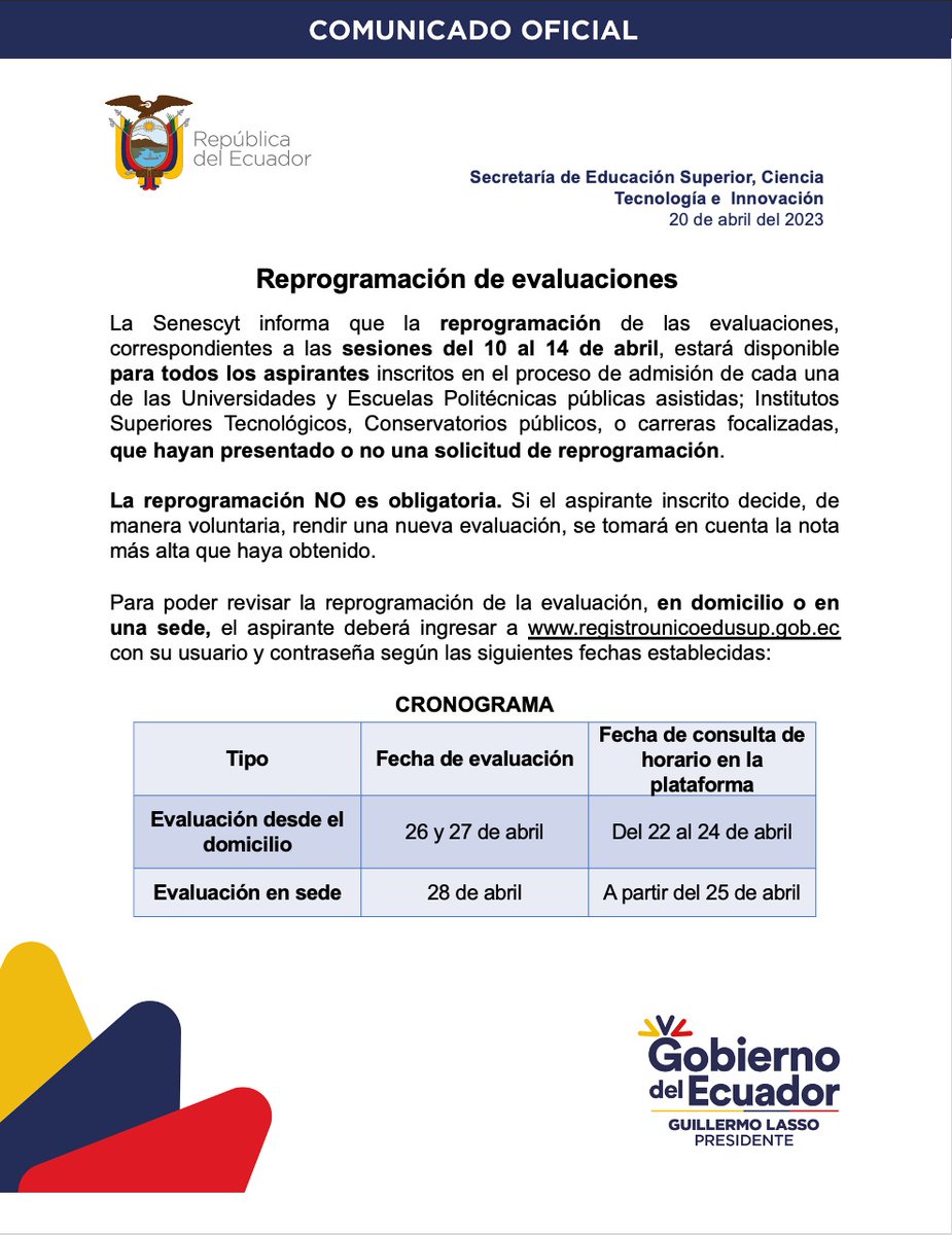 EduSuperiorEc's tweet photo. COMUNICADO OFICIAL | La #Senescyt informa que la reprogramación de las evaluaciones, correspondientes a las sesiones del 10 al 14 de abril, estará disponible para todos los aspirantes que así lo requieran, de forma voluntaria. Más información 🔽 https://t.co/SZ8ESX9HwE