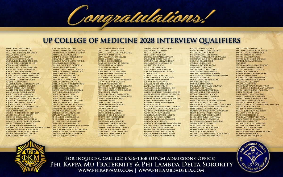 PhiKappaMu's tweet photo. Congratulations to the interview qualifiers of the UP College of Medicine Class of 2028!

You are now one step closer towards your journey in becoming a physician. We are wishing you much success in your upcoming interview! https://t.co/usTblhFVyg