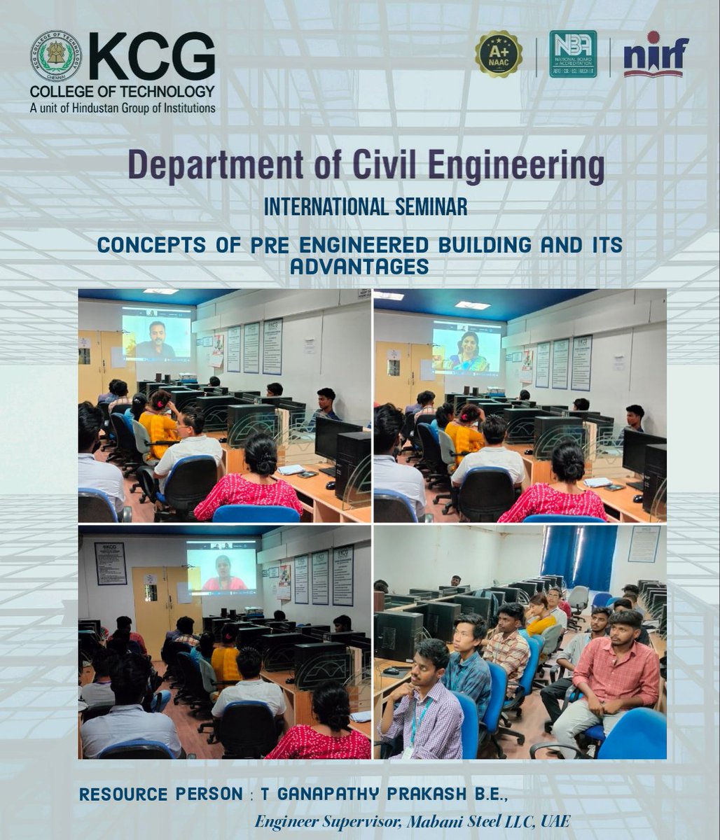 kcgcivil's tweet photo. Dear Tweeps...   
Here some of the glimpses of an International seminar on "Concepts of Pre Engineered Building and its advantages " on 20.04.2023 @KCGtechnology

#Seminar #PreEngineeredBuildings #KCG #CivilEngineering #KCGCollegeofTech https://t.co/qF7FCpyR3d