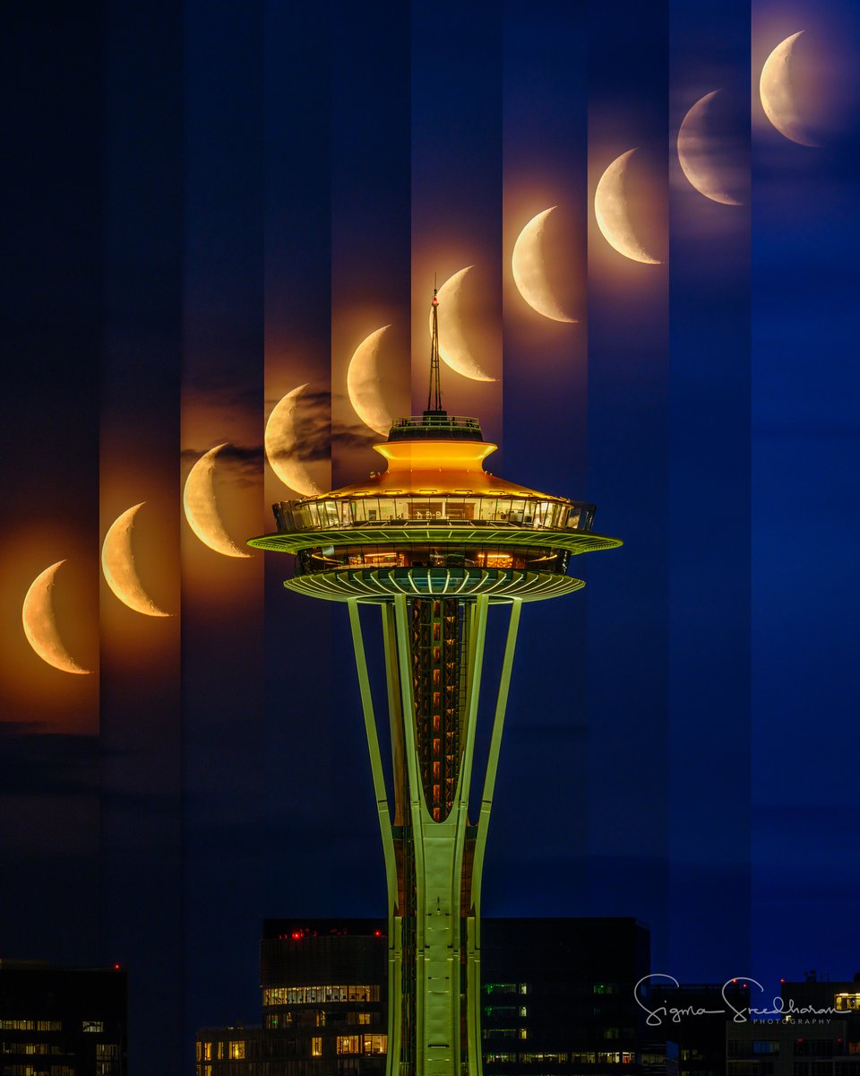 sigmas's tweet image. Rainy evening project - a #TimeSlice image of the #crescentmoon rising behind #SpaceNeedle to show the trajectory of the moon and the progression of time in one image. #Seattle.