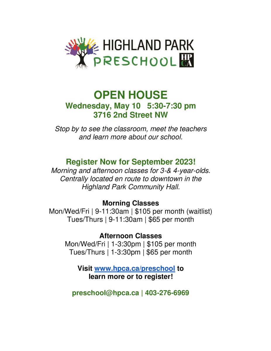 Highland Park Preschool is having an open house Wednesday May 10 from 5:30 - 7:30pm. This is a great opportunity to see the classroom and learn more about the school. Registration is also now open for September 2023! Visit bit.ly/41rRNbg to learn more!
