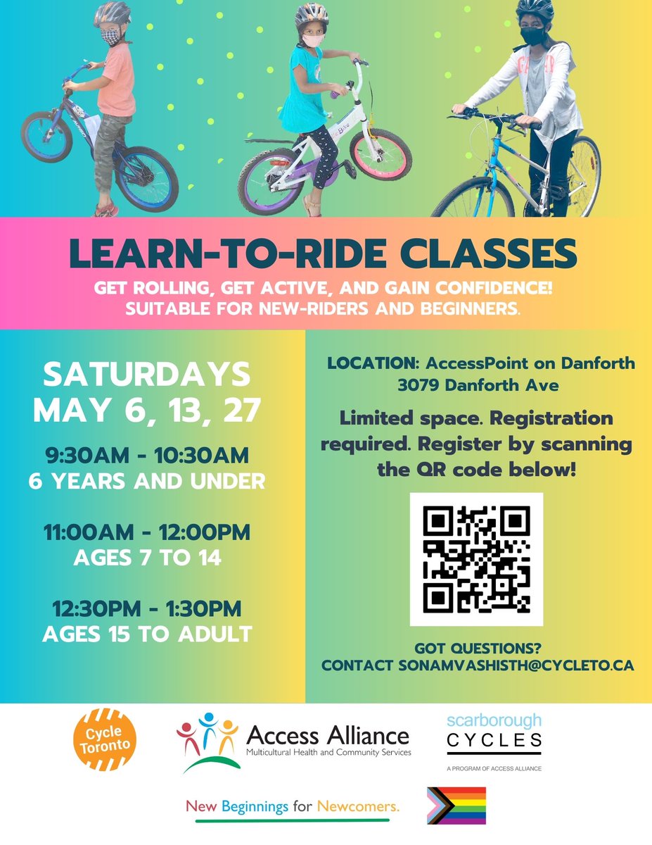 We are teaming up with <a href="/CycleToronto/">Cycle Toronto</a> for a Learn-to-Ride program this May!

The program is intended for beginners, and no matter your age, there is a class for you!

Learn more and register here > 
scarboroughcycles.ca/learn-to-ride-…

#bikeTO #ScarbTO #Ward20 #Ward19